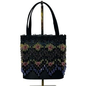 Vintage Moo Roo Charleston Signed 2000‎ Black Multicolor Beaded Purse